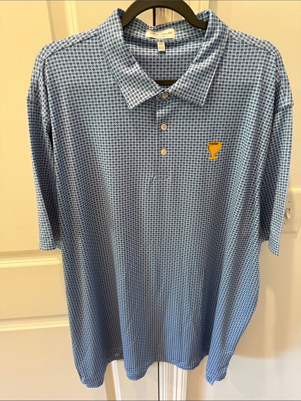 Peter Millar Light Blue Patterned Polo with Yellow Embroidered Trophy